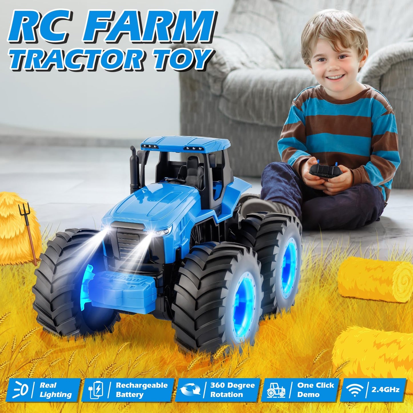 Remote Control Monster Tractor Toy For 3, 4, 5, 6, 7 Years Old, Blue Light Up Monster Trucks Toy With Led Lights Toddlers Rc Far