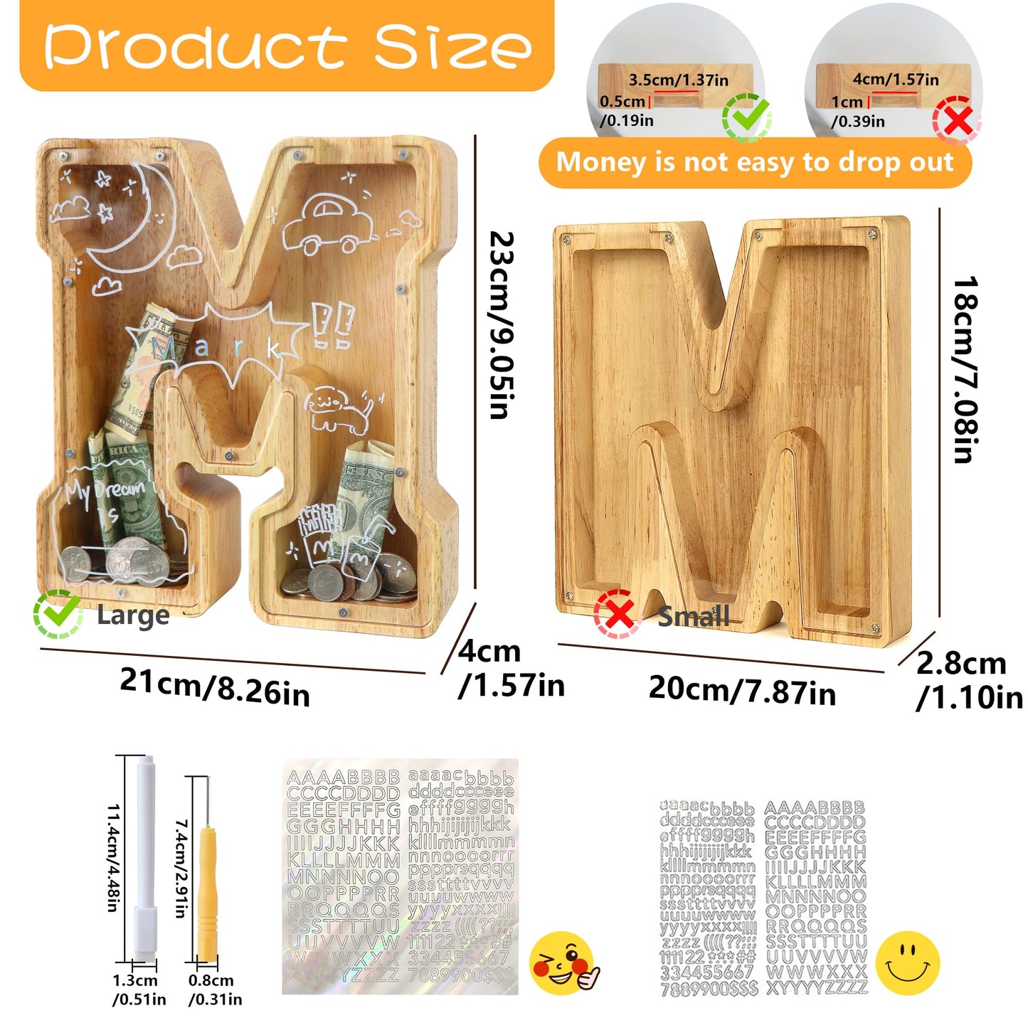 weallbuy Large Letter Piggy Bank for Kids Boys Girls Wooden Personalized Piggy Banks A-Z with Target Area Clear Alphabet Banknote Coin Banks for Gift Decoration Baptism (M)