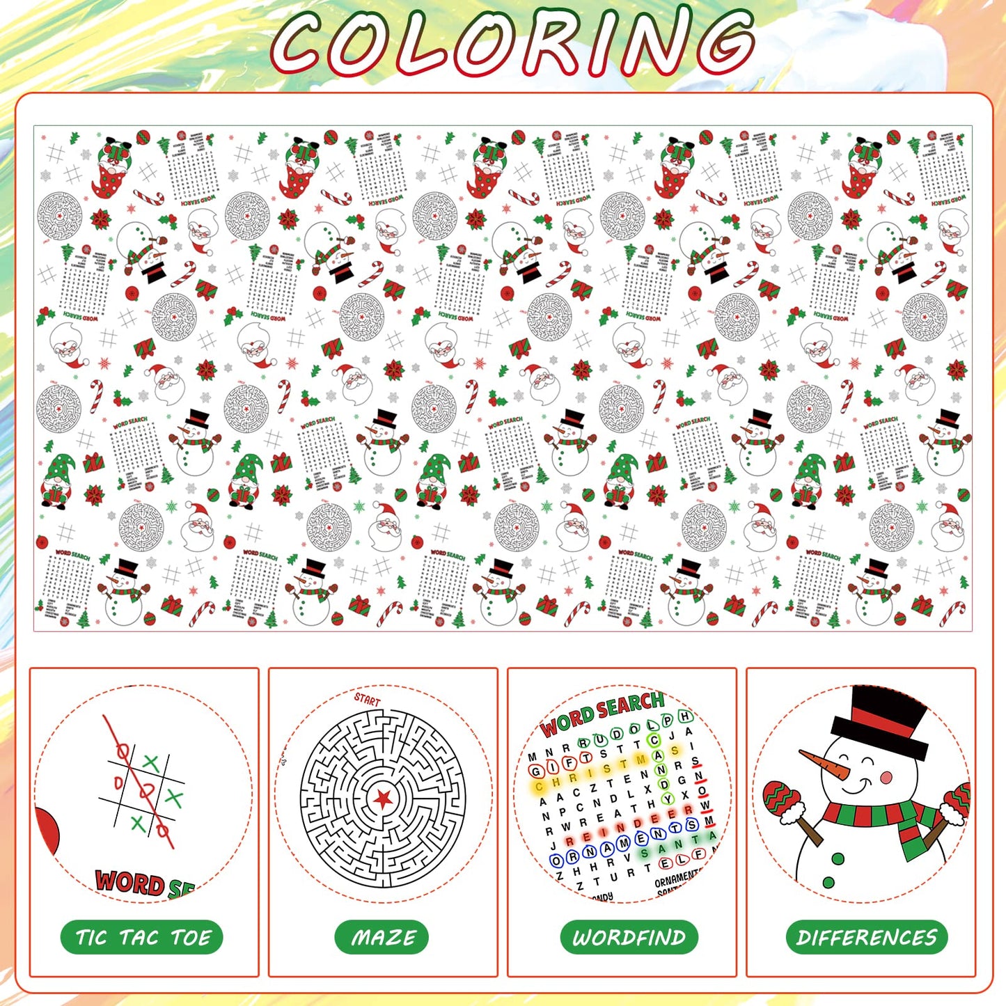 2 Pack Christmas Tablecloth Christmas Activity Paper Tablecloth Santa Claus Snowman Gnome Color-in Paper Disposable Tablecover f