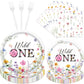 Rakuto Wildflower 1st Birthday Decorations Supplies, 96PCS Flower Wildflower One Paper Plates Napkins, Disposable Floral Paety T