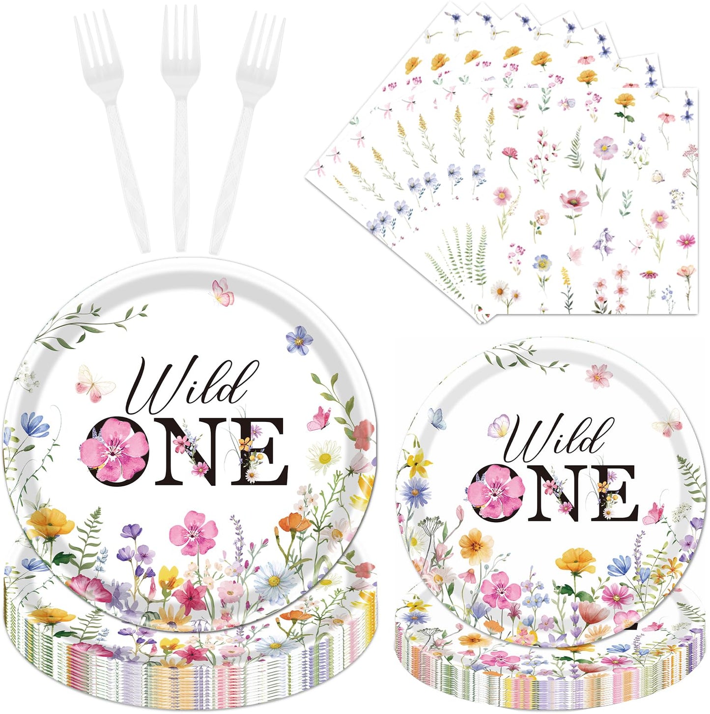 Rakuto Wildflower 1st Birthday Decorations Supplies, 96PCS Flower Wildflower One Paper Plates Napkins, Disposable Floral Paety T