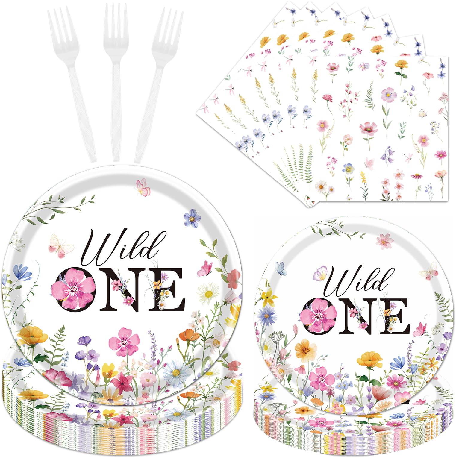 Rakuto Wildflower 1st Birthday Decorations Supplies, 96PCS Flower Wildflower One Paper Plates Napkins, Disposable Floral Paety T