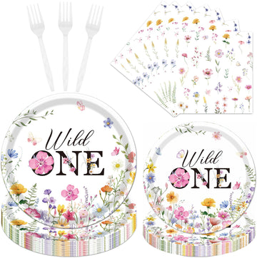Rakuto Wildflower 1st Birthday Decorations Supplies, 96PCS Flower Wildflower One Paper Plates Napkins, Disposable Floral Paety T