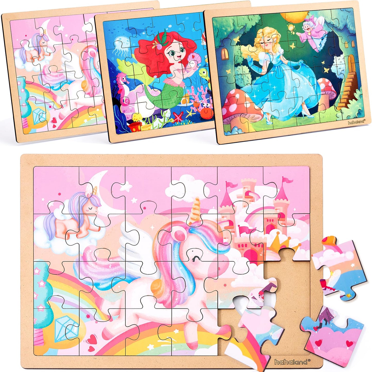 Hahaland Puzzles For Kids Ages 4-6 - 3 Pack Of 24 Piece Wooden Puzzles For Toddlers 3-5 - 3 Year Old Girl Gifts - 4 Year Old Girl Birthday Gifts - Unicorns, Mermaid, Princess