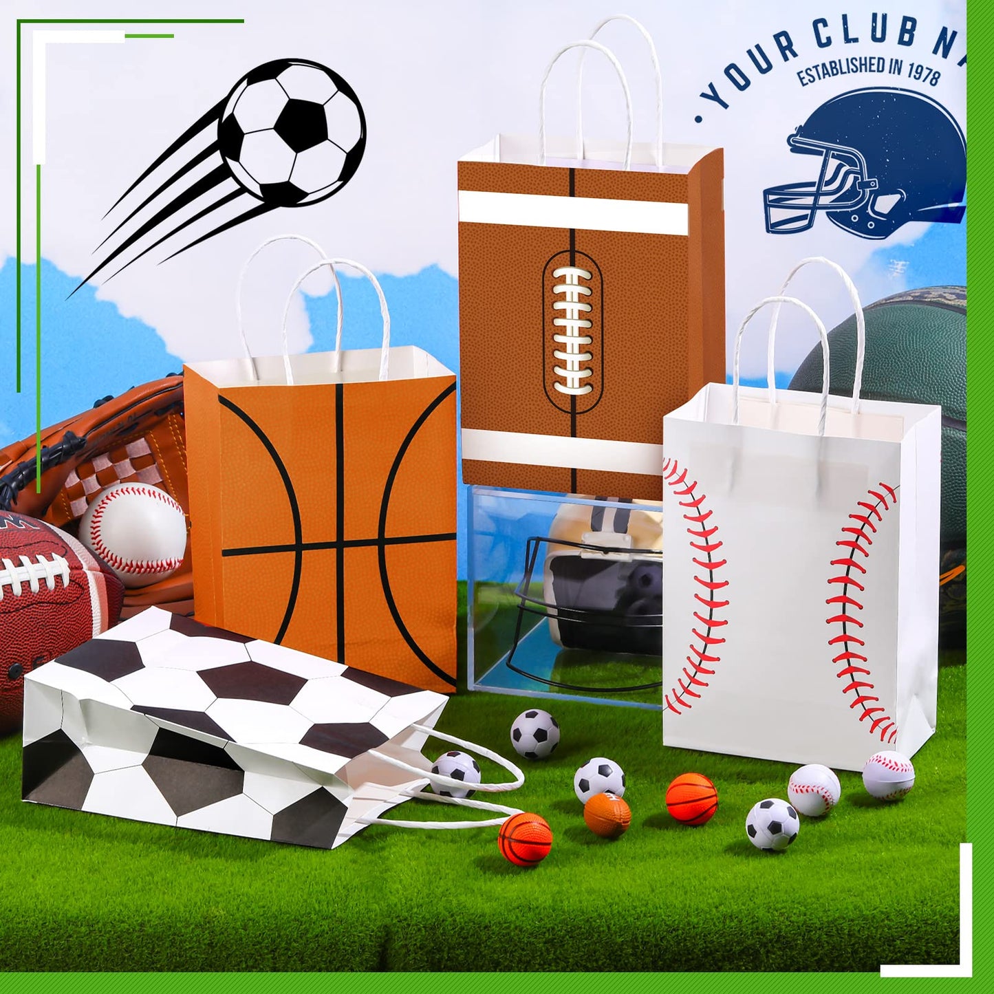 24 Pieces Sports Party Favor Bags Football Party Goodie Bag Sport Party Gift Bags with Handles for Soccer Baseball Basketball Fo