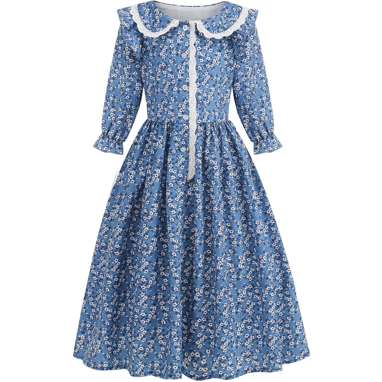 Aoiviss Girls Pioneer Costume Floral Colonial Prairie Dress For Little Kids With Apron And Bonnet, Blue