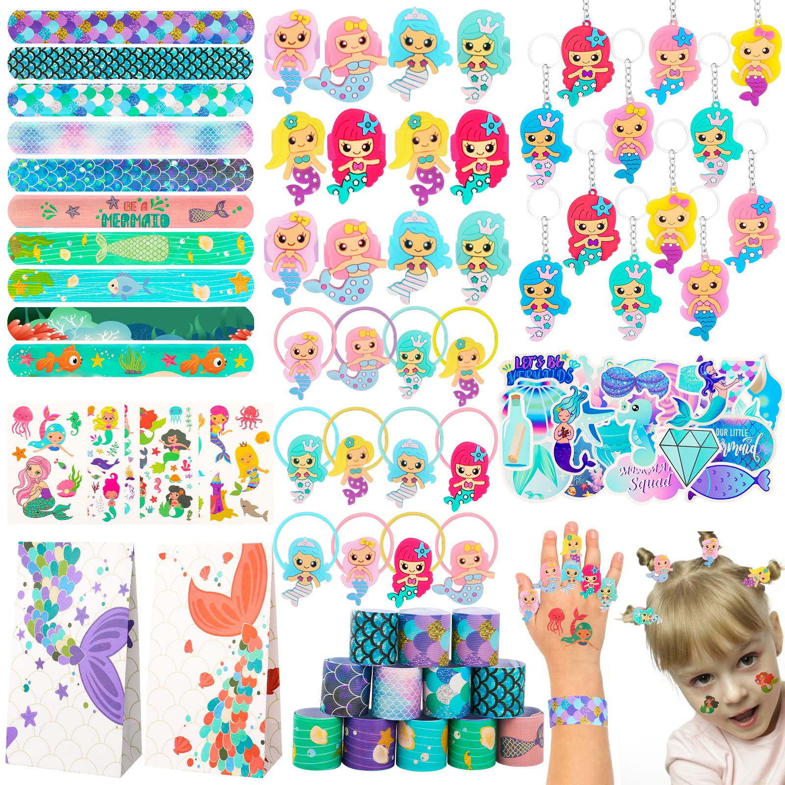 CHRIMISS 102Pcs Mermaid Party Favors Mermaid Bags Mermaid Slap Bracelets Rings Keychain Mermaid Hair Rings Temporary Tattoos Sti