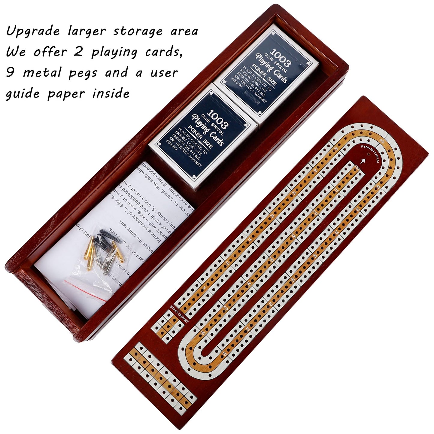 Juegoal Cribbage Board Game Set - Solid Wood, 3 Track, Portable with 9 Pegs & 2 Decks of Cards, Black, Model JFBNEW