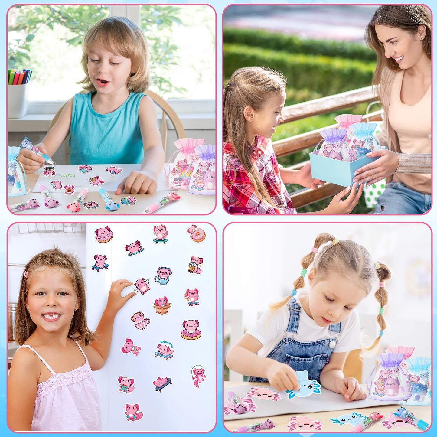 CY2SIDE Axolotl Party Gift Set - 12 Pack Stationery with 4-in-1 Pen, Sticky Notes & Stickers, Pink/Blue for Kids Goodie Bags
