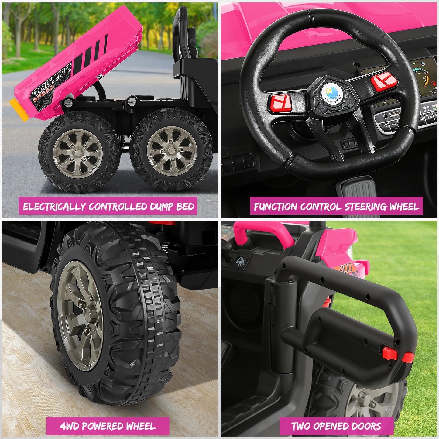 Hikole 2 Seater Ride On Utv For Kids, 24V 6X6 4Wd Electric Kids Car Truck With Remote Control, 6 Wheeler, Dump Bed, Music-24 Volt Ride On Toys For Big Kids Boys Girls 4-8 W/6 Spring Suspension, Pink