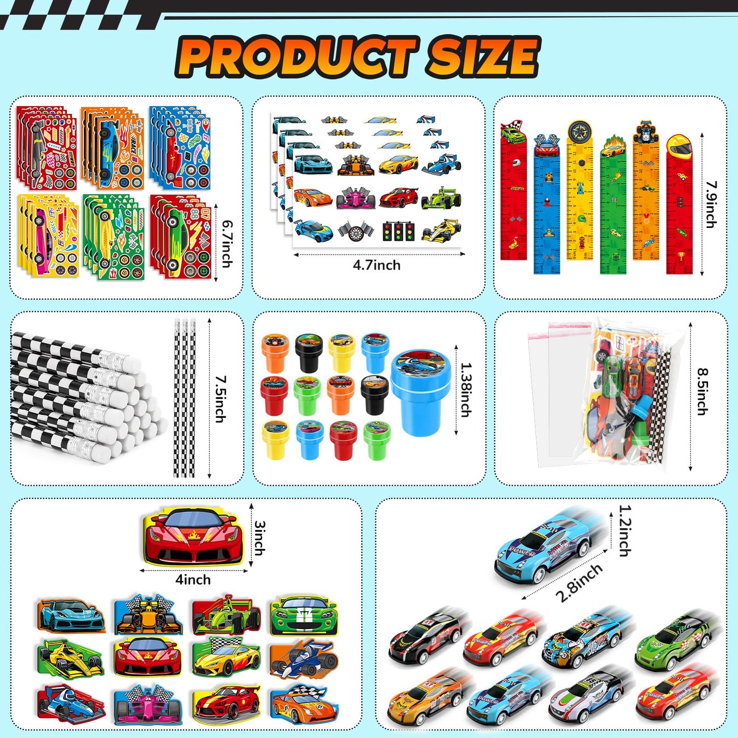 BenLouis 96Pcs Race Car Party Favors Racing Theme School Stationery Set Bulk for Kids Fast Racecar Wheel Birthday Party Goodie B