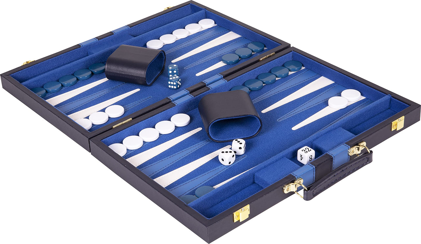 Backgn Set 15 inch  Medium - Classic Board Game for mature-themeds and Kids with enhanced Leather Case - Includes Strategy & Tip Guide (Blue)