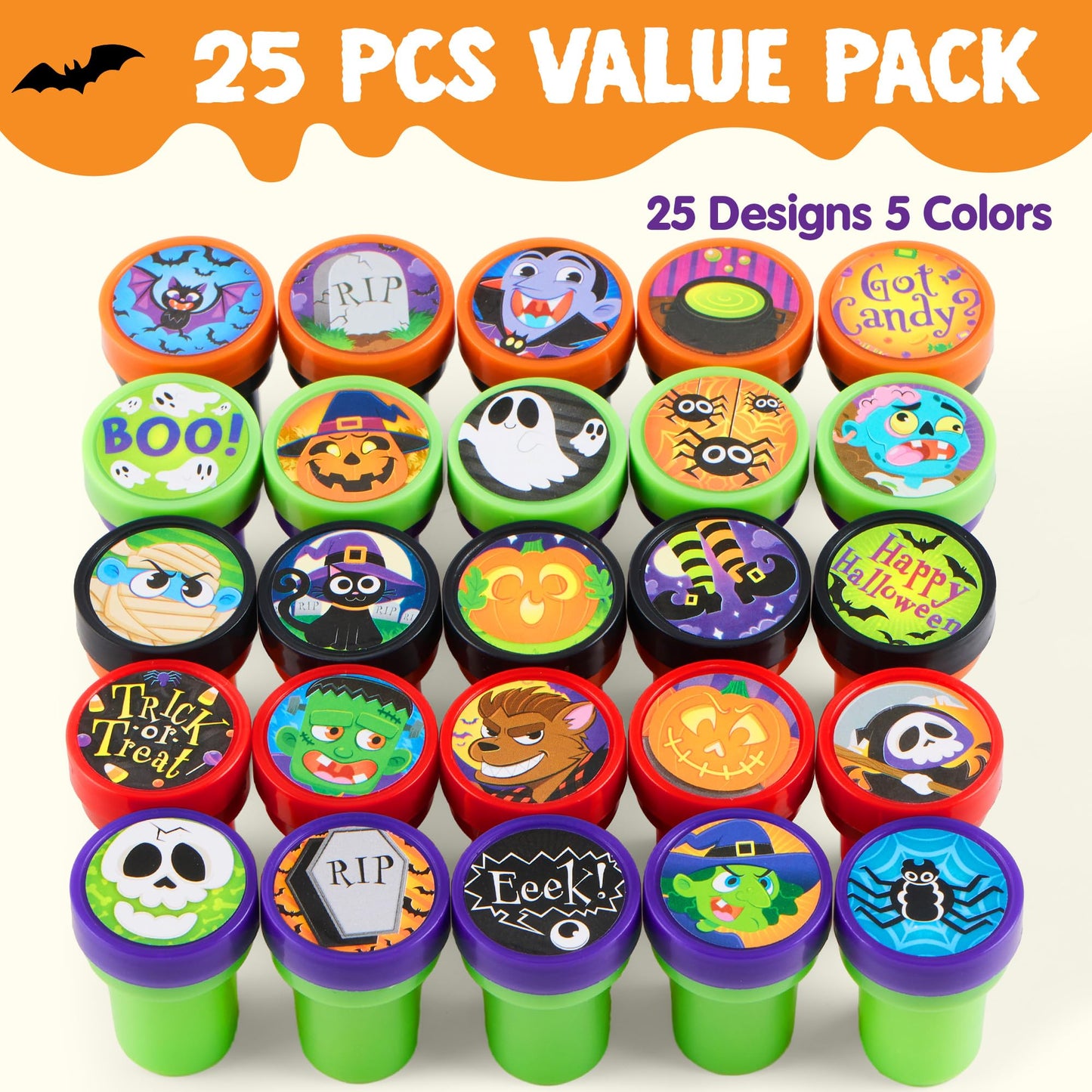 JOYIN 100 Pcs Halloween Stampers for Kids Gift, 25 Designs Assorted Plastic Stamps Bulk for Halloween Party Favors Goodie Bag Fi