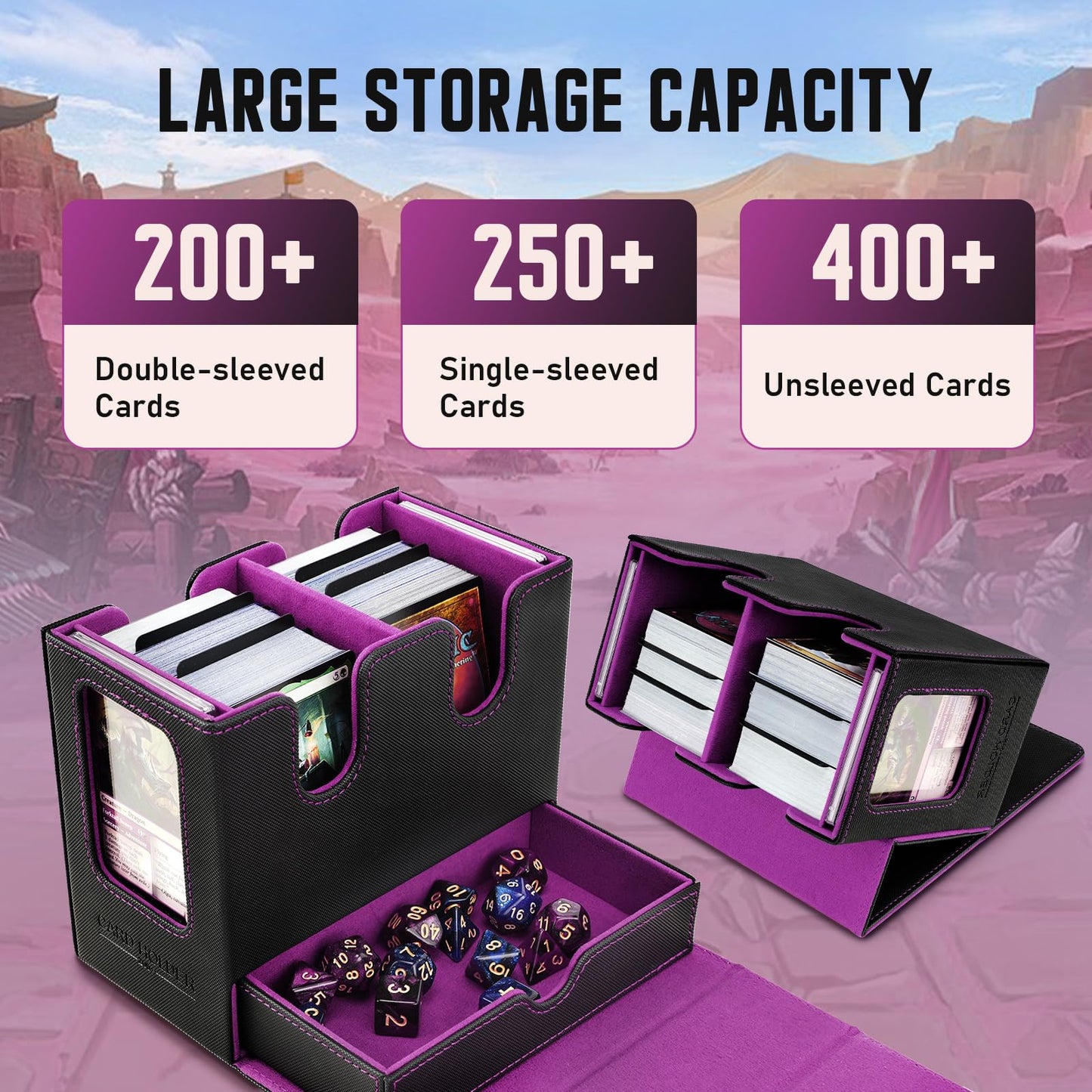 TiMOVO MTG Deck Box  MTG Commander Card Deck Box with Commander Display & Dice Tray Fits 400+ Unsleeved Cards  Leather Magnetic Card Storage Case with 6 Dividers for TCG CCG Magic Cards  Black+Purple