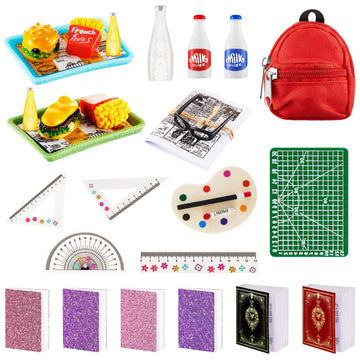 Zhanmai 17 Pcs Mini Stuff Miniature Doll House Accessories - Mini School Supplies For Dolls - Miniature Food Set Hamburger Fries Juice Fast Food Set Pretend Play