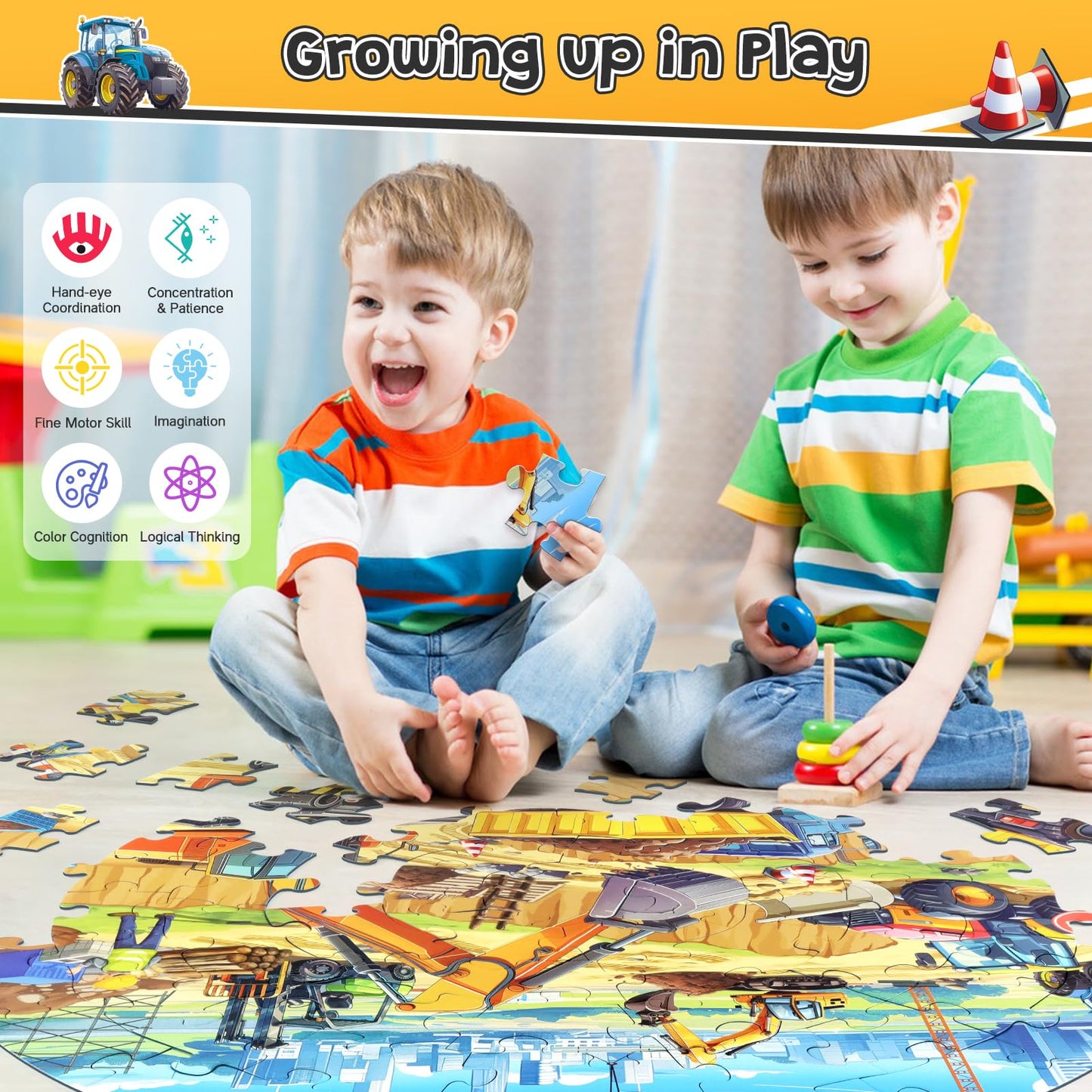 Digobay Floor Puzzles For Kids Ages 3 4 5 6 7 8, 70 Piece Construction Site Jigsaw Puzzle With Excavator Bulldozer Forklift Dump