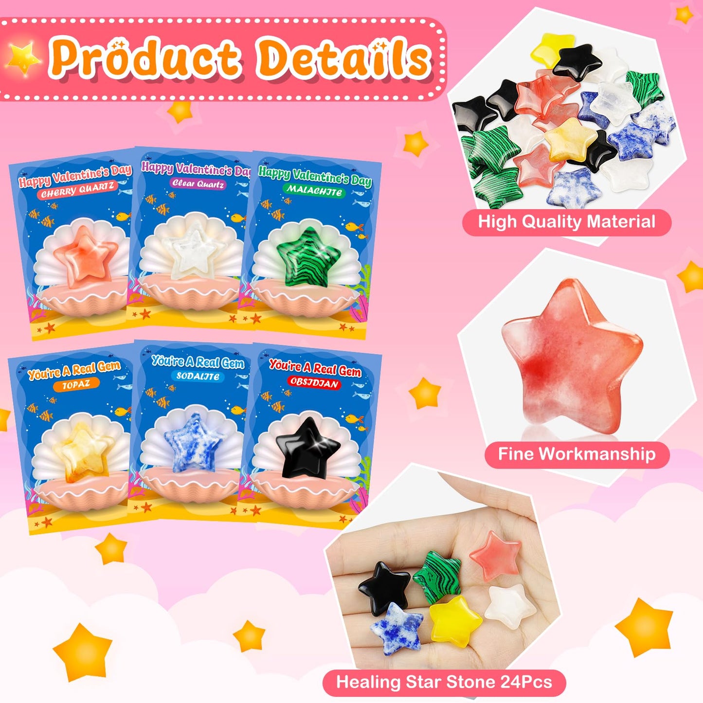 iMopo Valentines Day Gifts for Kids-24 Pack Star Shape Crystal Stones with Valentines Cards Goodie Bags, Natural Love Healing Cr