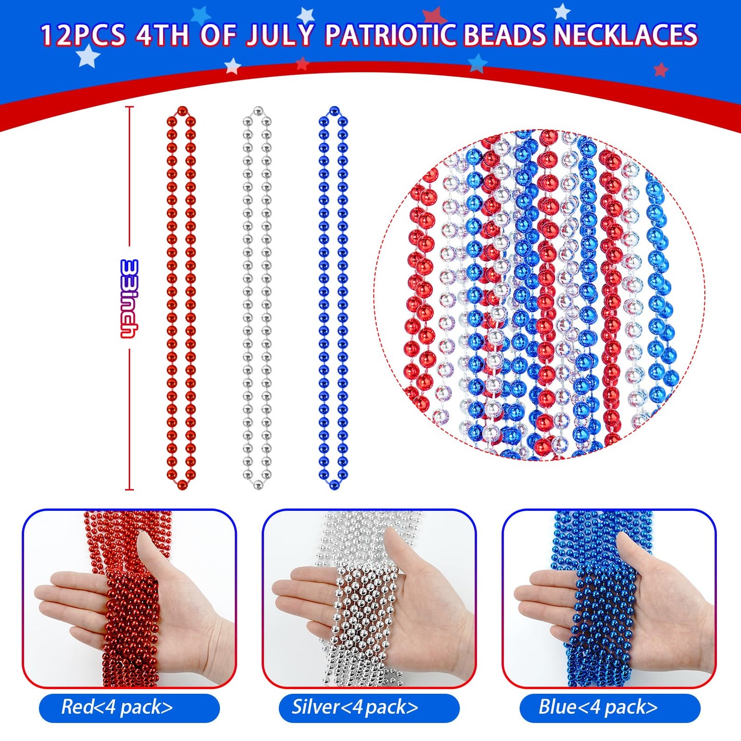 Shaoqinlin Patriotic Bead Necklaces - 12 Pcs 4Th Of July Accessories, 33 Inch Metallic Red/Silver/Blue Beaded Necklaces For Patr