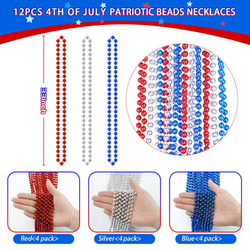 Shaoqinlin Patriotic Bead Necklaces - 12 Pcs 4Th Of July Accessories, 33 Inch Metallic Red/Silver/Blue Beaded Necklaces For Patr
