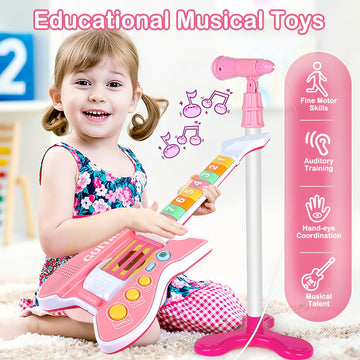 Deao Kids Guitar And Microphone Set With Stand Adjustable Height Music Light Karaoke Music Toys Christmas Birthday Gift For Kids Boys Girls (Pink)