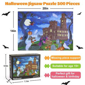Motiloo Halloween 500 Piece Jigsaw Puzzle For Adults - Halloween Haunted Mansion Trick Or Treaters Jigsaw 14' X 20'