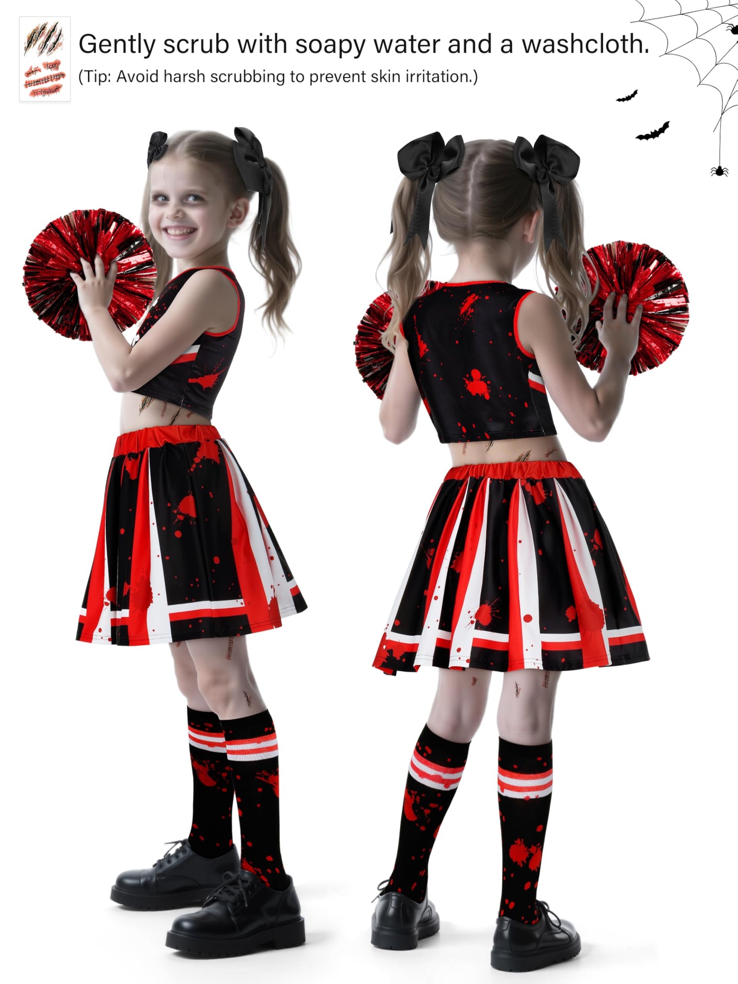 RUODON 9 Pieces Girls Halloween Cheerleader Costume Zombie Fearleader Costume Set Includes Top Skirt Socks Pompom Sticker Bow Black and Red