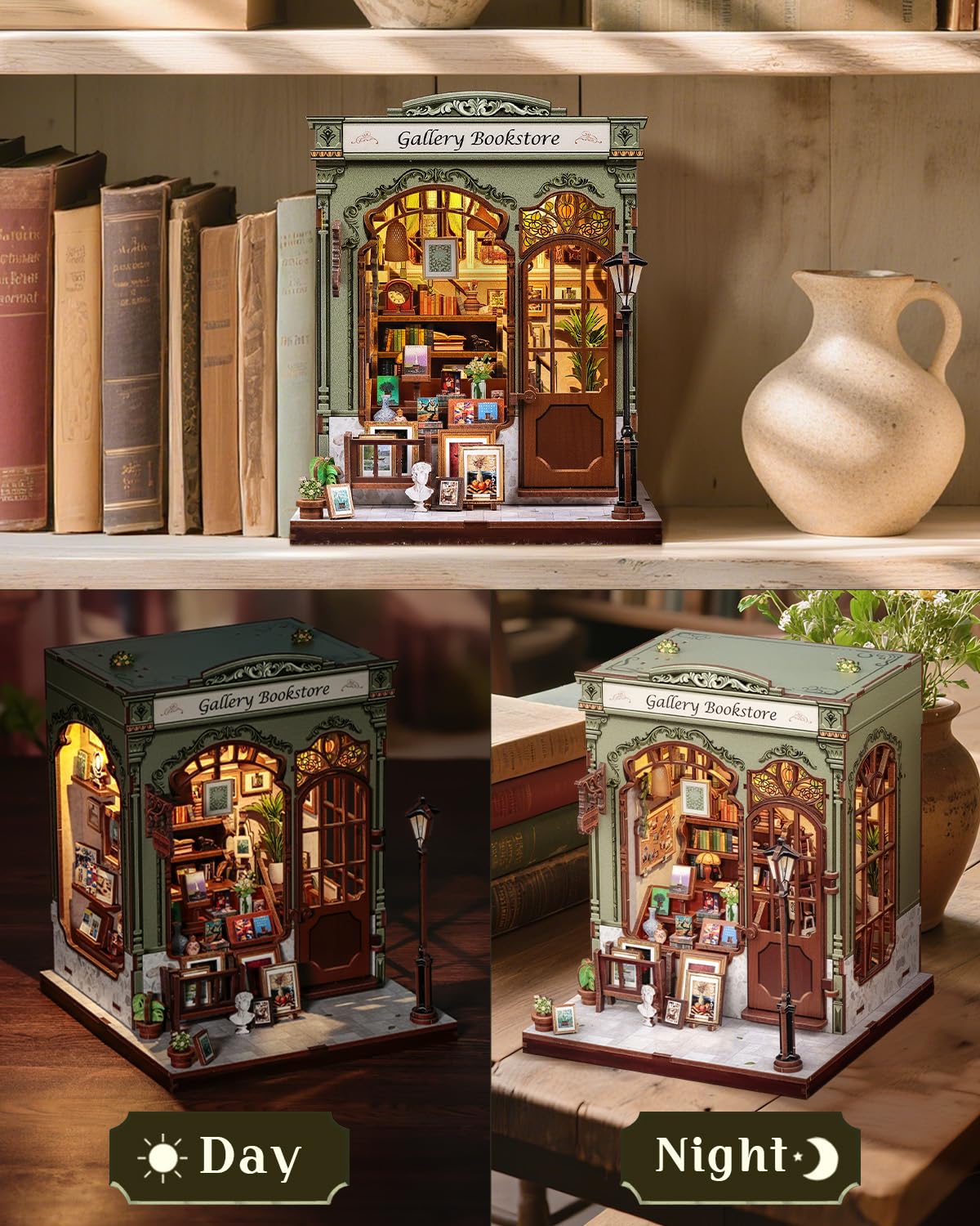 CUTEBEE DIY Book Nook Kit  Miniature House Kits for mature-themed and Teens  DIY Miniature Book Nook kit with Sensor Led Light  Gifts for Lovers and Family (Gallery Bookstore)