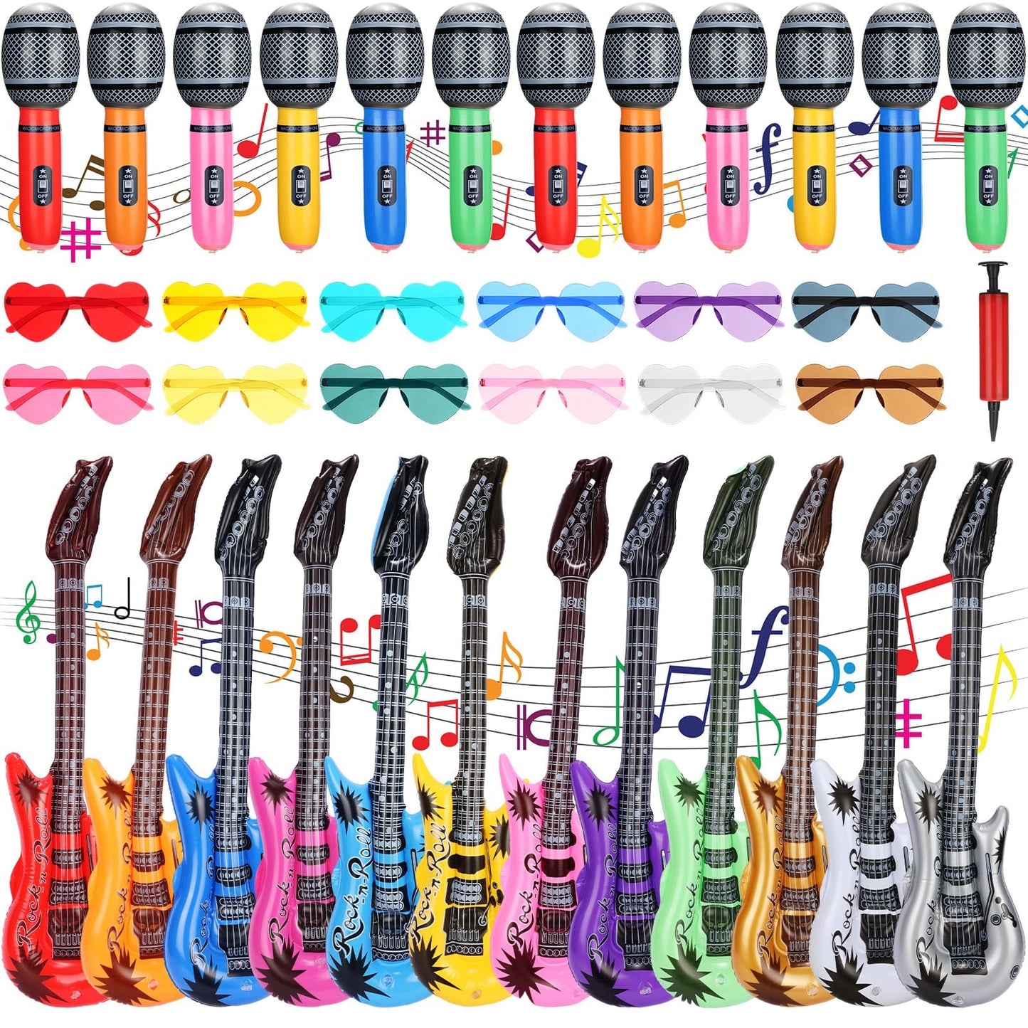 Chitidr 36 Pcs Inflatable Rock Star Toy Set Include 12 Inflatable Guitars 12 Inflatable Microphones 12 Colorful Heart Shaped Sun