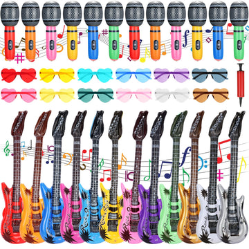 Chitidr 36 Pcs Inflatable Rock Star Toy Set Include 12 Inflatable Guitars 12 Inflatable Microphones 12 Colorful Heart Shaped Sun