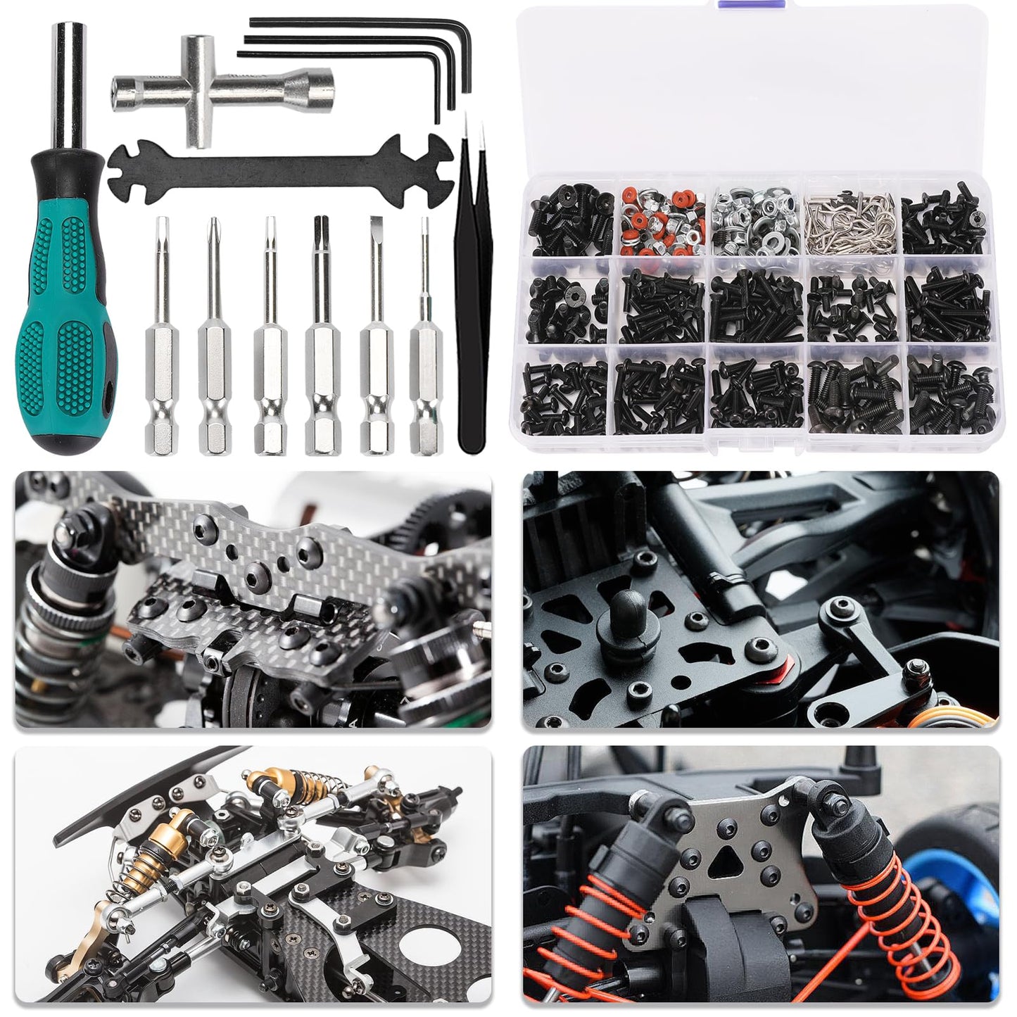 532 PCS RC Screw Kit RC Repair Tool Kit Universal RC Hardware Kit for Arrma Redcat Traxxas Axial HPI Losi 1/8 1/10 1/12 1/16 Sca