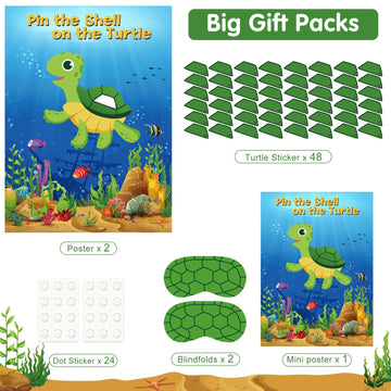Neburora 2 Pack Pin The Shell On The Turtle Party Game 2 Large 21''X 28'' Posters With 48Pcs Stickers Ocean-Themed Birthday Part