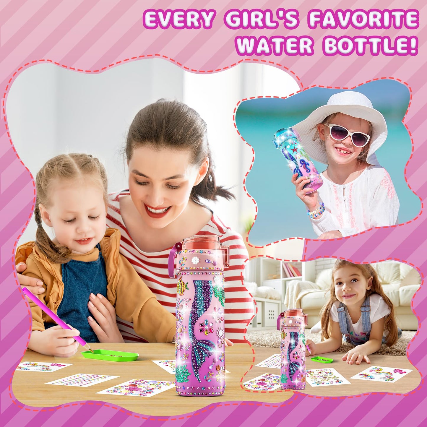 BOOH Decorate Your Own Water Bottle Kits for Girls, Mermaid Violets, BPA Free, Fun Arts & Crafts, Ages 4-12, Model WY-WB-C