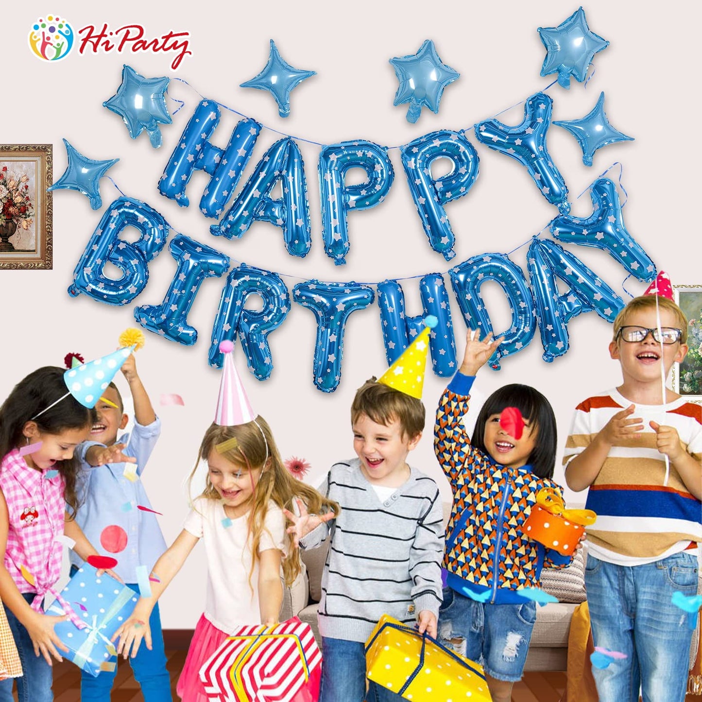 Hiparty Birthday Banner, 3D Mylar Foil Happy Birthday Balloons, 24Pcs Birthday Party Decorations With 6Pcs Star Balloons For Men