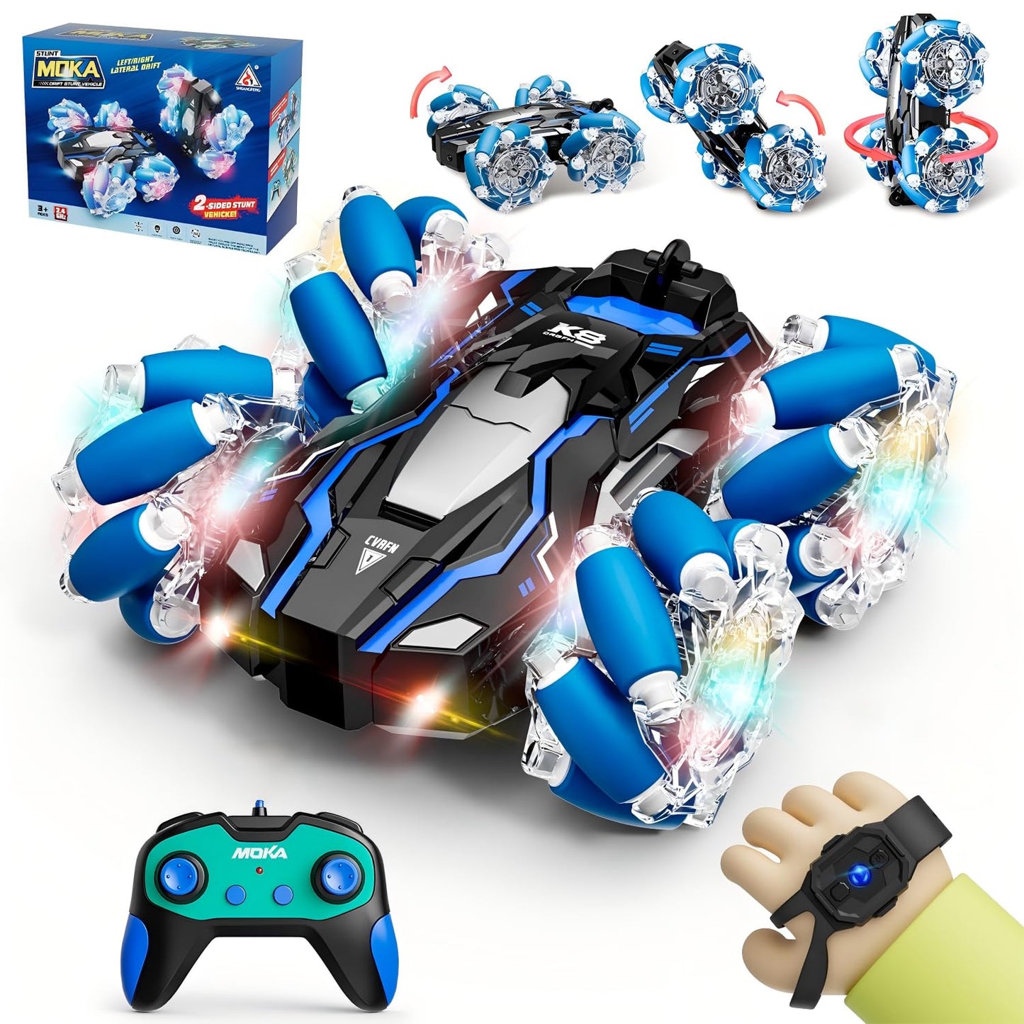 1:16 Scale Gesture Sensing RC Stunt Car Toddler Toy, 15 KM/H 4WD All-Terrain Remote Control Car with LED Lights, 360 Rotation, U