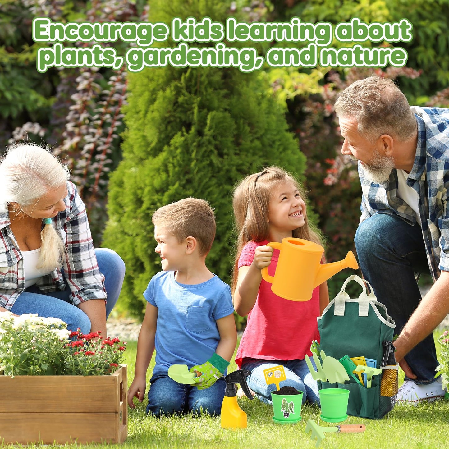 Cute Stone Kids Gardening Tool Set, 20Pcs Gardening Toys Includes Metal Rake,Fork,Trowel,Apron,Gloves,Watering Can,Tote Bag And Strickers, Garden Tool Kit For Kids, Outdoor Toys Gift For Boys Girls