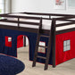 Roxy Pine Twin Junior Loft Bed, Espresso With Blue & Red Tent, Solid Wood Frame, Safety Guardrails, Flexible Ladder Position, Ve