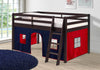 Roxy Pine Twin Junior Loft Bed, Espresso With Blue & Red Tent, Solid Wood Frame, Safety Guardrails, Flexible Ladder Position, Ve