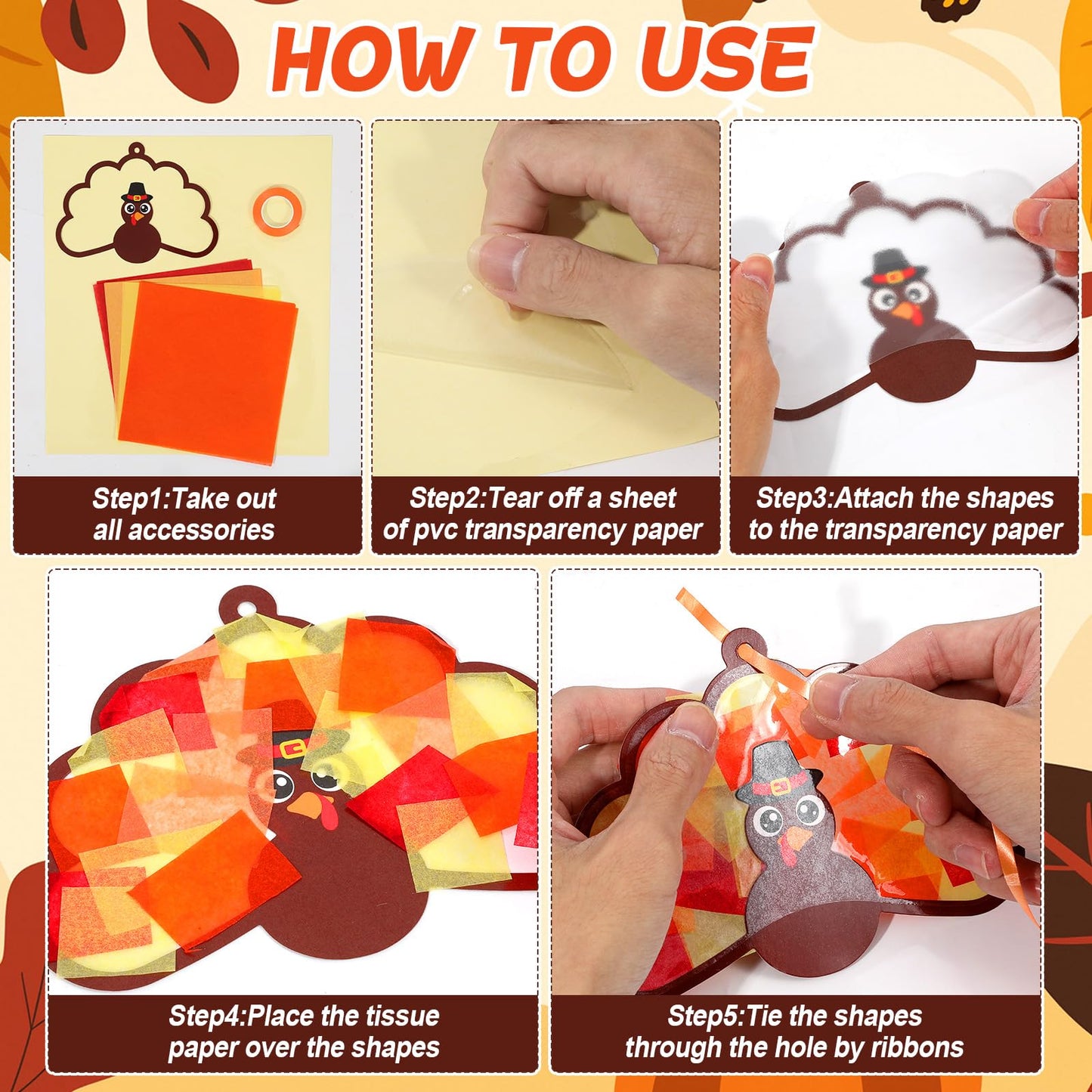 Qyeahkj 36 Set Thanksgiving Turkey Suncatchers Crafts for Kids DIY Fall Window Tissue Paper Craft Kit Autumn Hanging Decor for H