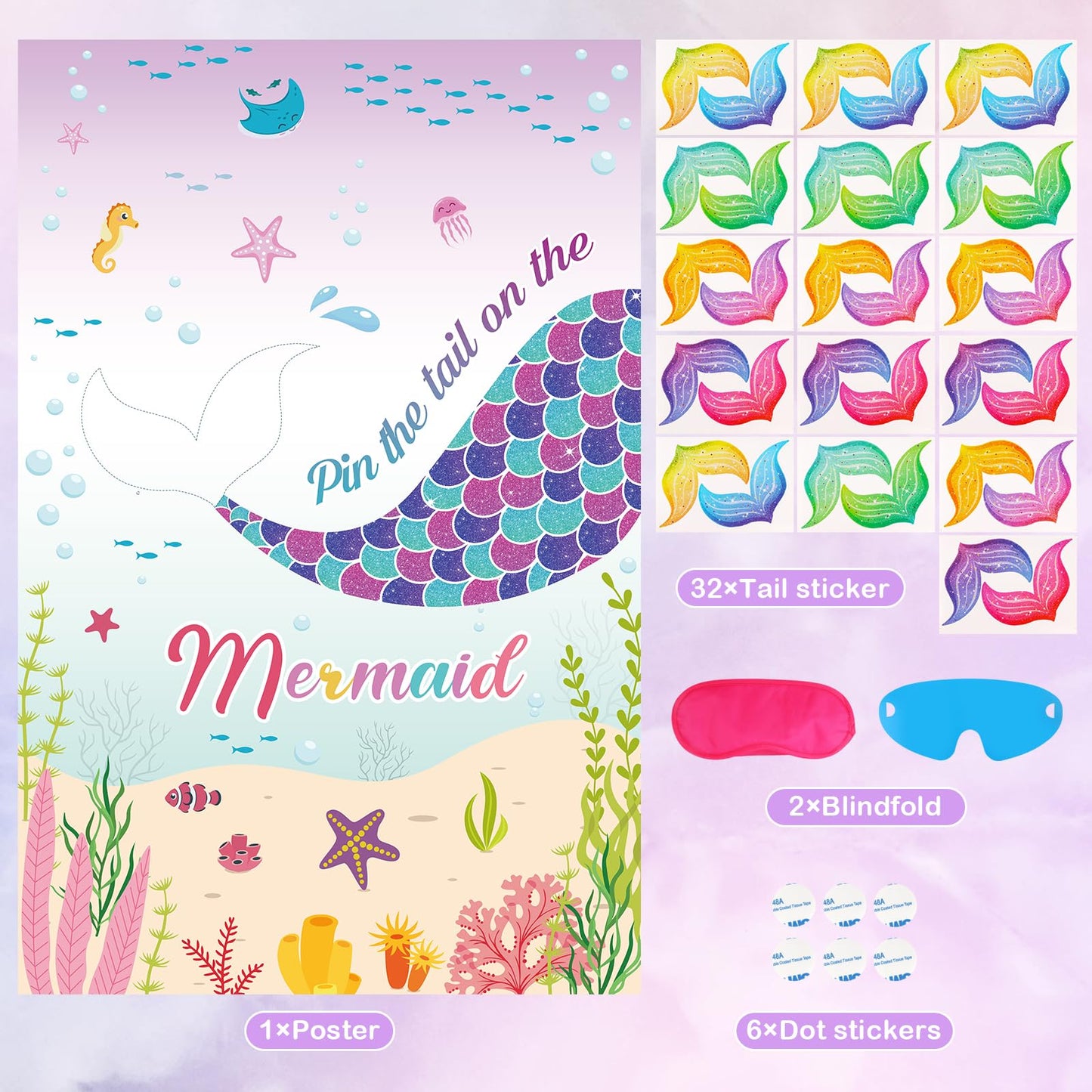 Hooqict Pin The Tail On The Mermaid Birthday Party Game Under The Sea Party Games Mermaid Games Favors For Kids Mermaid Birthday Supplies Decorations, Large Mermaid Poster With 32 Tail Stickers