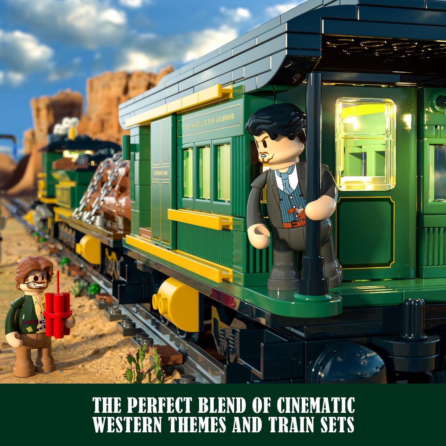 Funwhole Wild West Freight Train Lighting Building-Bricks Set - Classic 4-4-0 Locomotive Model 1524 Pcs Ideas Kit for mature-themed and Teens