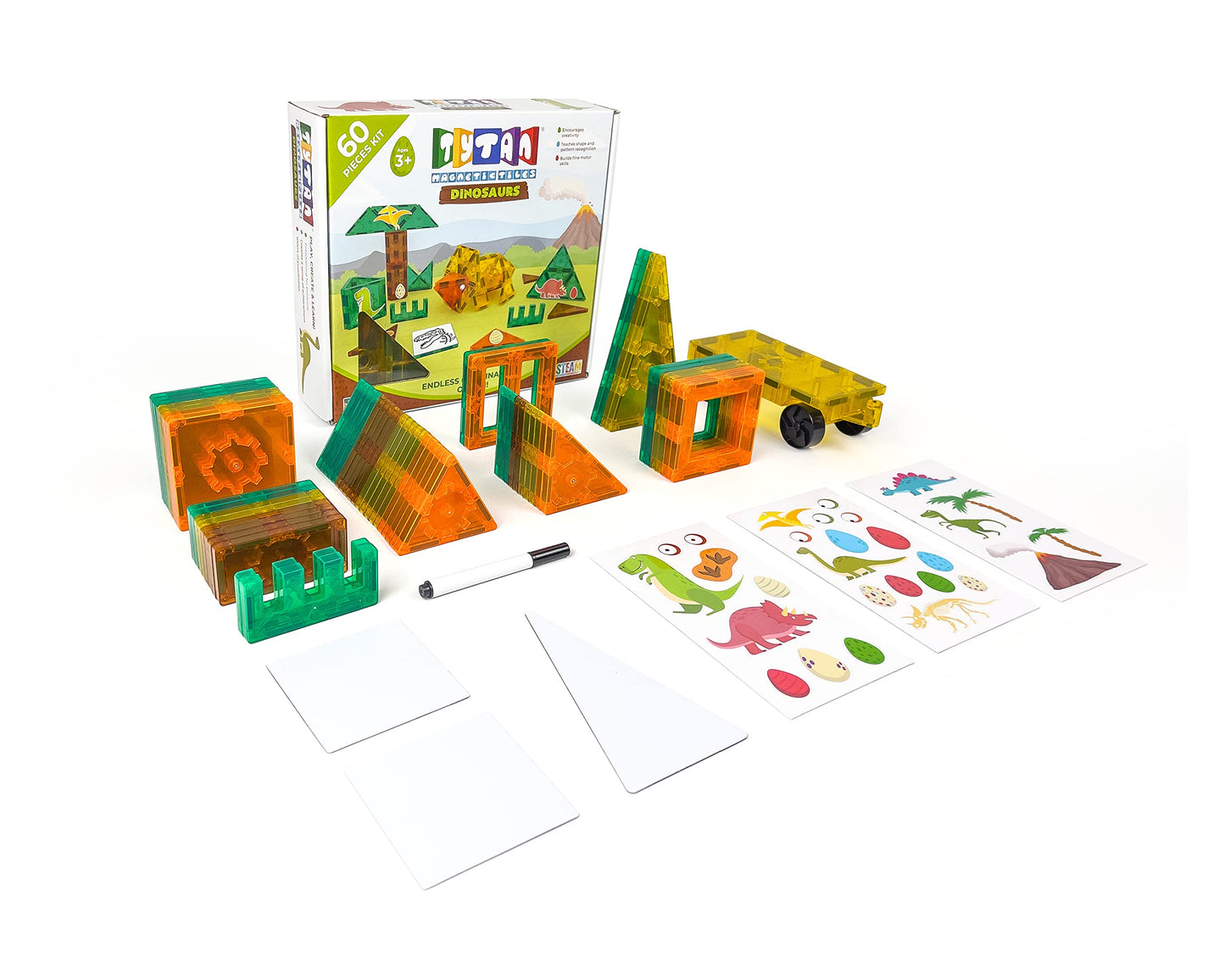 Tytan TILES Dinosaurs 60-Piece Magnetic Tiles Building Set, Dino Safari Land Kids STEM Toy, Creative Play, Shape & Pattern Recog