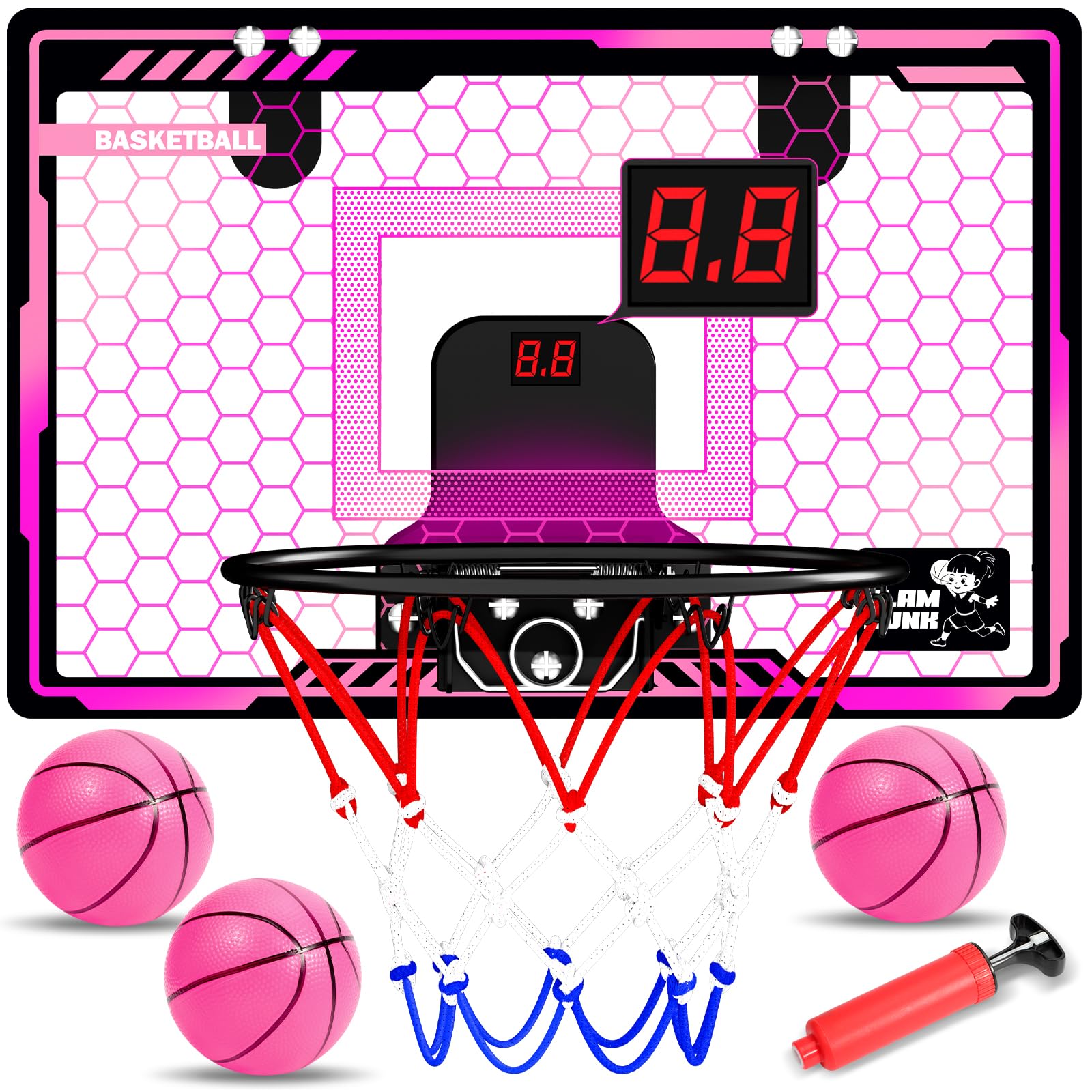 HAMSILY Indoor Basketball Hoop for Kids Girls: LED Light Over The Door Mini Basketball Hoop with Electronic Scoreboard Girl Toys