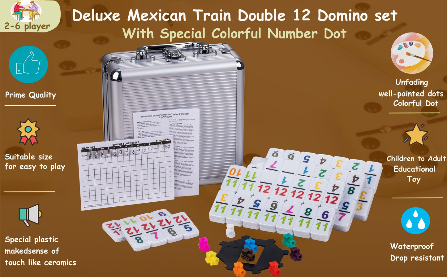 Smilejoy Double 12 Colorful Number Dot Dominoes, Mexican Train Domino Game Double Twelve Domino Set With Aluminum Case, 91 Tiles