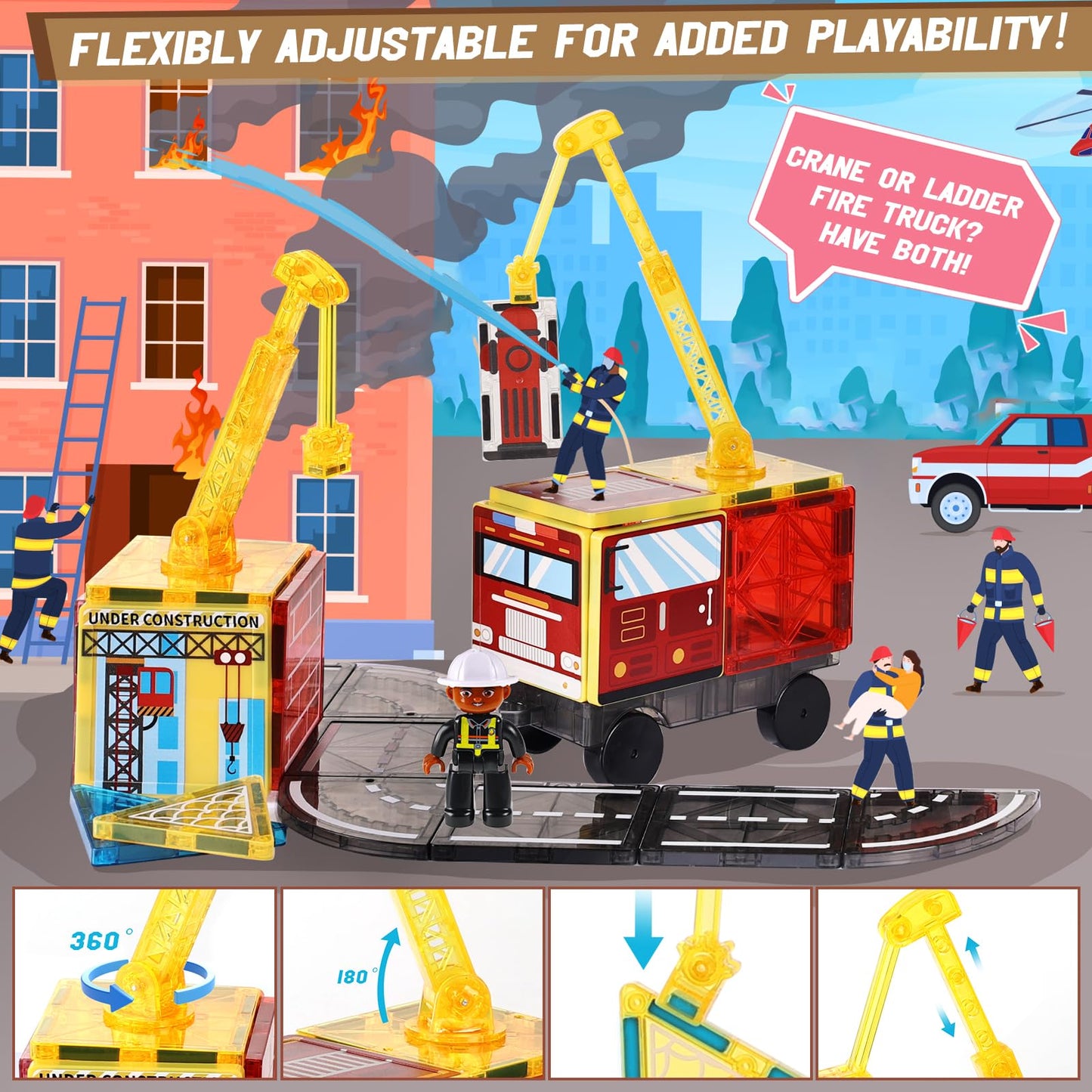 Magnetic Tiles Road Set with 2 Cranes & Double-Sided Magnet Tiles,Boys Toys for Ages 3-5 5-7 8-12,STEM Magnetic Building Constru
