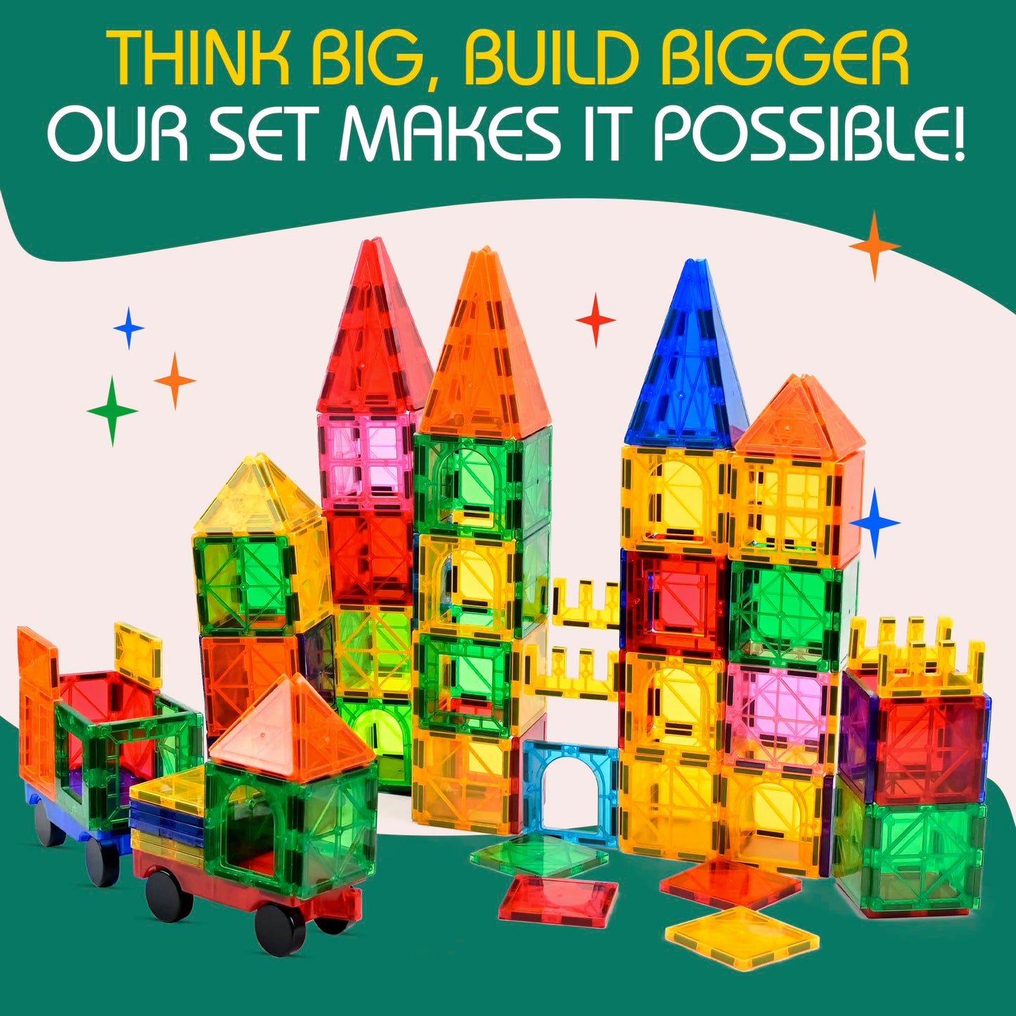 Little Vo Magnetic Tiles 100 pcs - STEM Building Blocks, Educational Toy, 5" Size, Durable ABS, Includes 2 Cars, Classroom Must-Haves