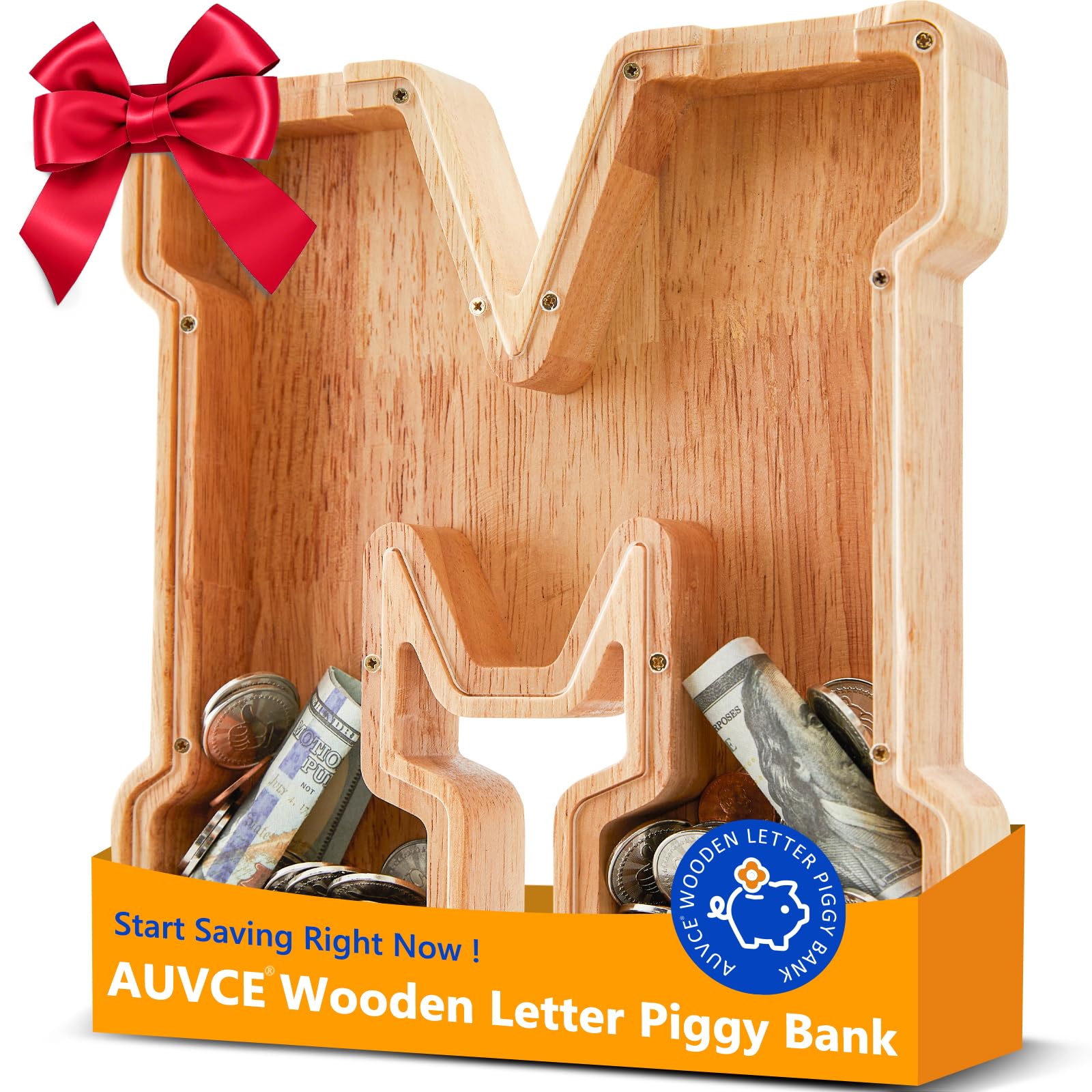Wooden Letter Piggy Bank for Kids  Initial Coin Bank for Boys and Girls  First Name Personalized Savings Bank for Birthday Boys Girls Gift Piggy Bank for Kids (Wood  S9-M)