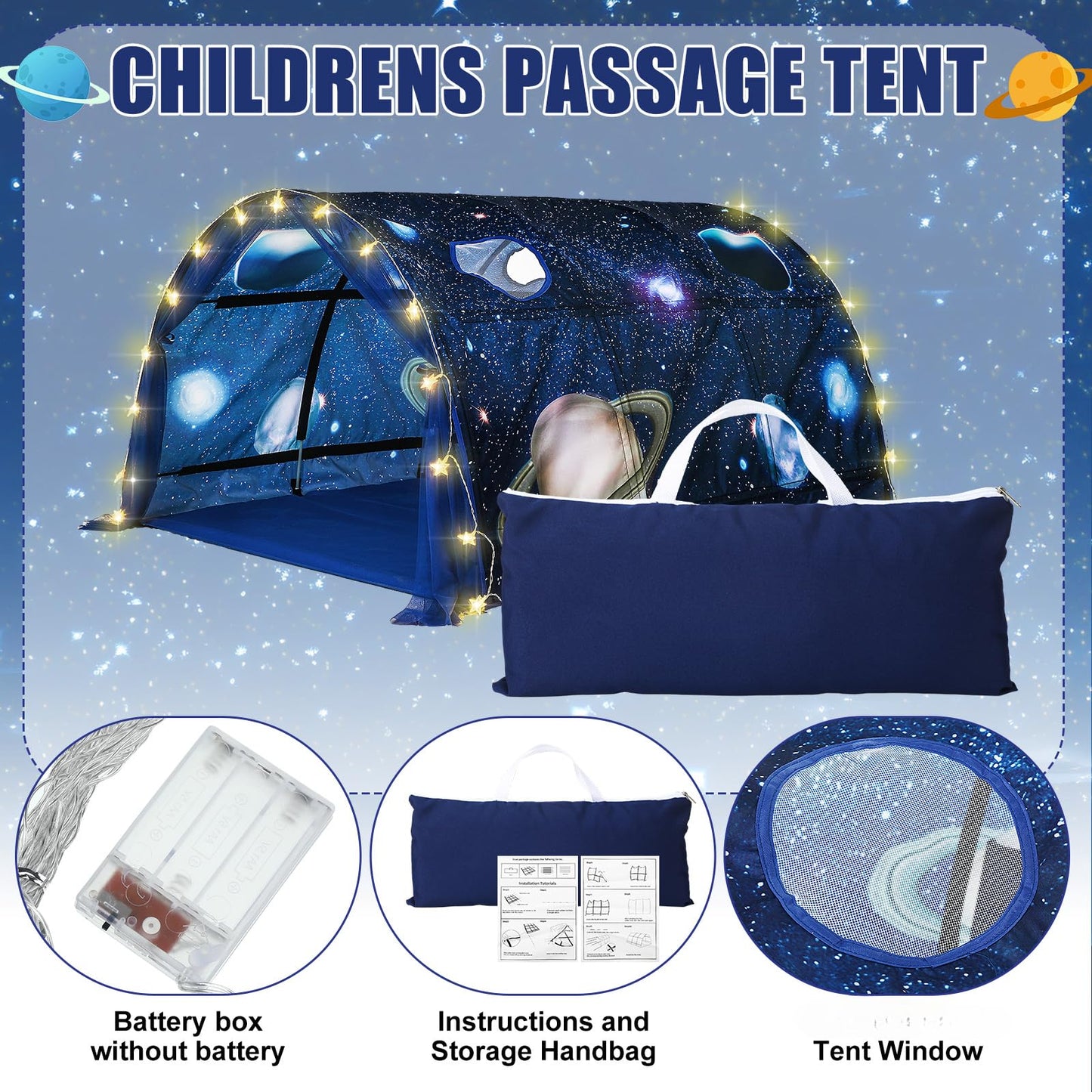 Wowangce Galaxy Bed Tent For Kids Large Kids Twin Tent Toddler Play Bed With Carry Bag Foldable With String Lights For Girls Boy