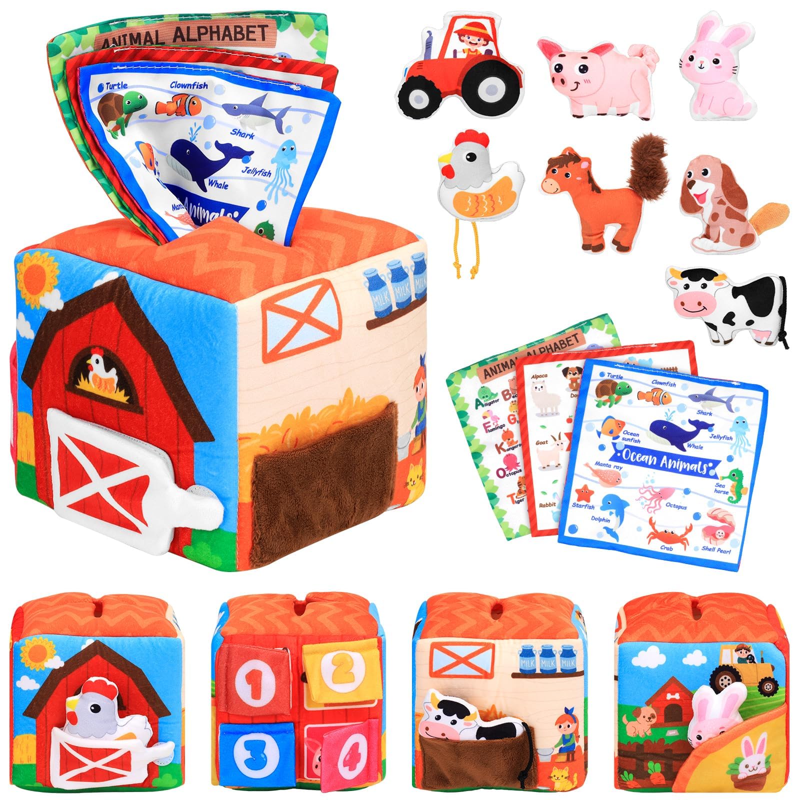 MPQMPQ Baby Tissue Box Toy Farm Crink Plush,Whats Inside Box Montessori Toys with Rattle,Crinkle,Mirror for Babies 6 9 12 18 Mon