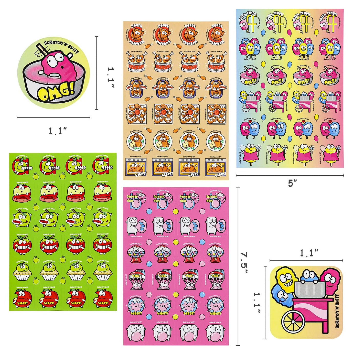 Vkpi Scratch And Sniff Stickers, 1728 Pieces Fruits And Foods Snacks Smelly Stickers, 24 Different Scents, 72 Sheets, 144 Design