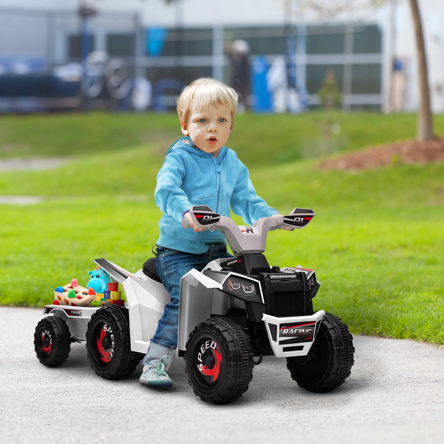 Aosom Kids Atv Quad Car With Back Trailer, 6V Electric Ride On Car With Forward Backward Function, Wear-Resistant Wheels, Ride O